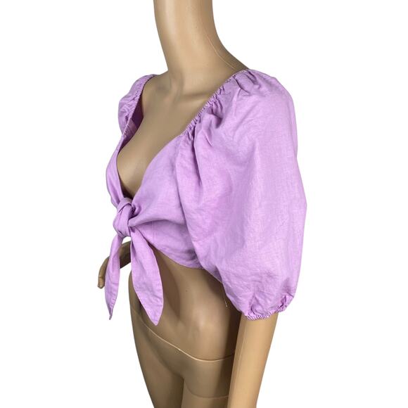 Express x Rocky Barnes Pastel Purple Linen Cotton Tie Front Crop Top SZ S - Picture 7 of 11